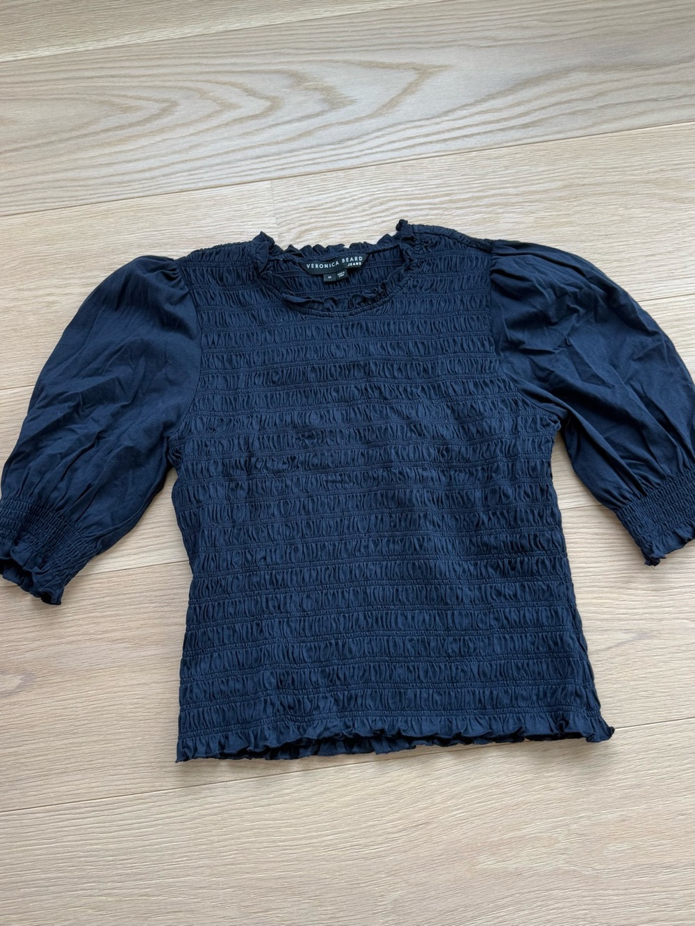 Veronica Beard - Smocked Puff-Sleeve Top in Navy - Picture 5 of 8